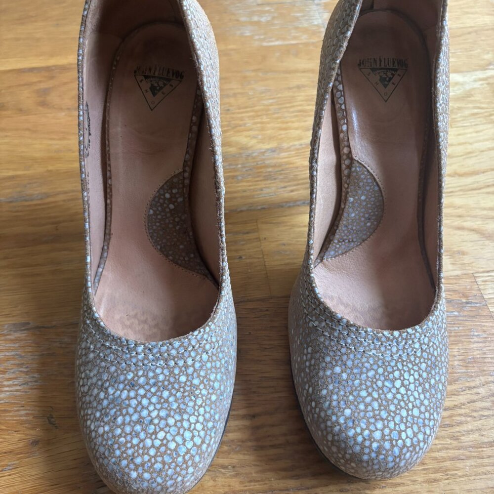 John Fluevog Taupe Textured Round-Toe Pumps